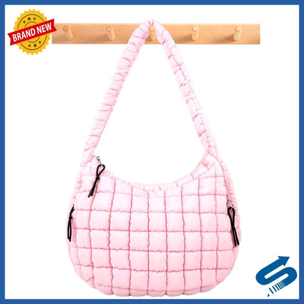 Large Quilted Nylon Puffer Hobo Bag with Zipper Pockets Crossbody Tote